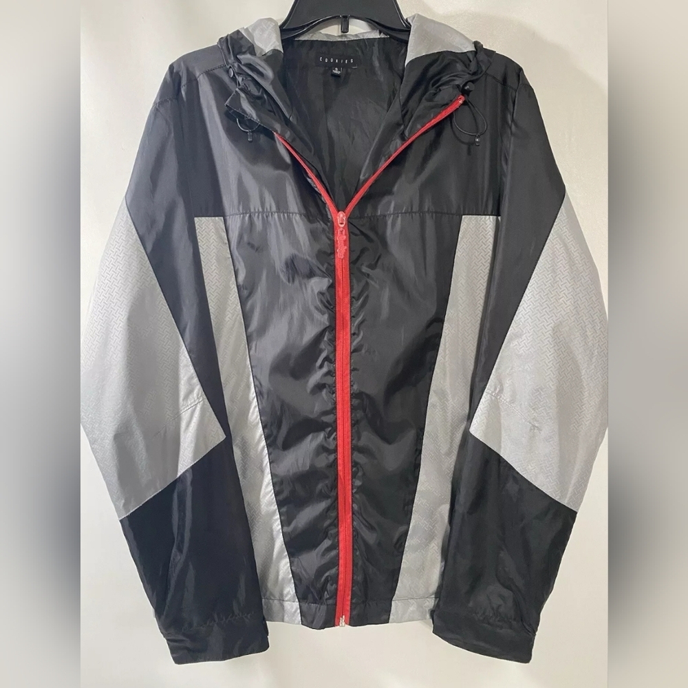 Cookies SF Jacket Mens Full Zip Hooded Windbreaker Black Silver & Red Sz S